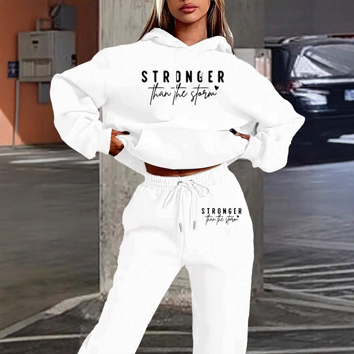 Women's cropped hoodie and jogging pants set with statement print, kangaroo pocket and elastic waistband Mune Fashion