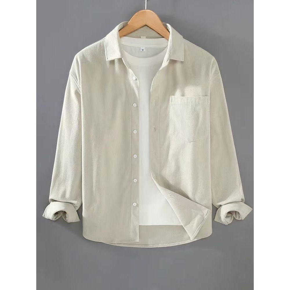 Men's Lightweight Fine Cord Shirt Jacket with Chest Pocket and Kent Collar Mune Fashion