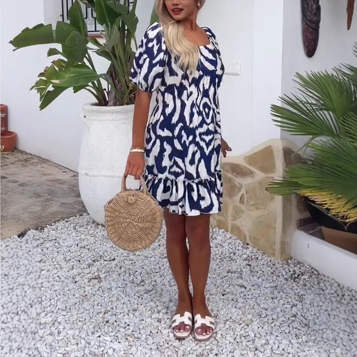 Women's short summer dress with square neckline, puff sleeves, and ruffle hem Mune Fashion