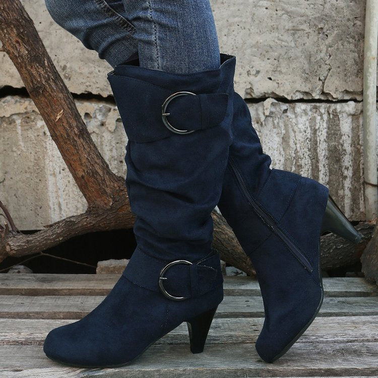 Women’s boots with soft faux suede, slip-on shaft and decorative buckles Mune Fashion