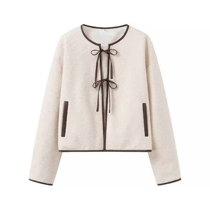 Ladies short cut teddy jacket with tie bands and contrast piping Mune Fashion