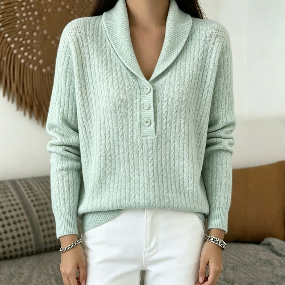 Women's knitted sweater with shawl collar, cable pattern, and button placket Mune Fashion