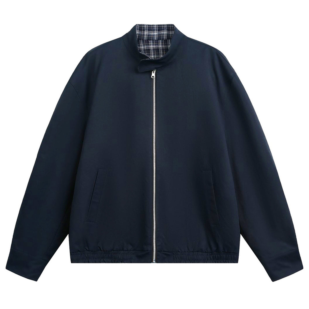 Unisex Oversize Blouson Jacket with Stand-up Collar and Checked Lining Mune Fashion