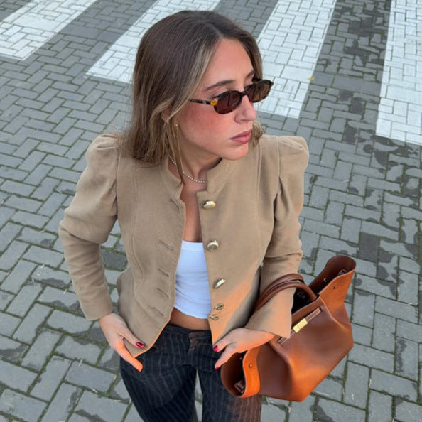 Women's Tailored Suede Look Blazer with Stand-Up Collar and Golden Decorative Buttons Mune Fashion