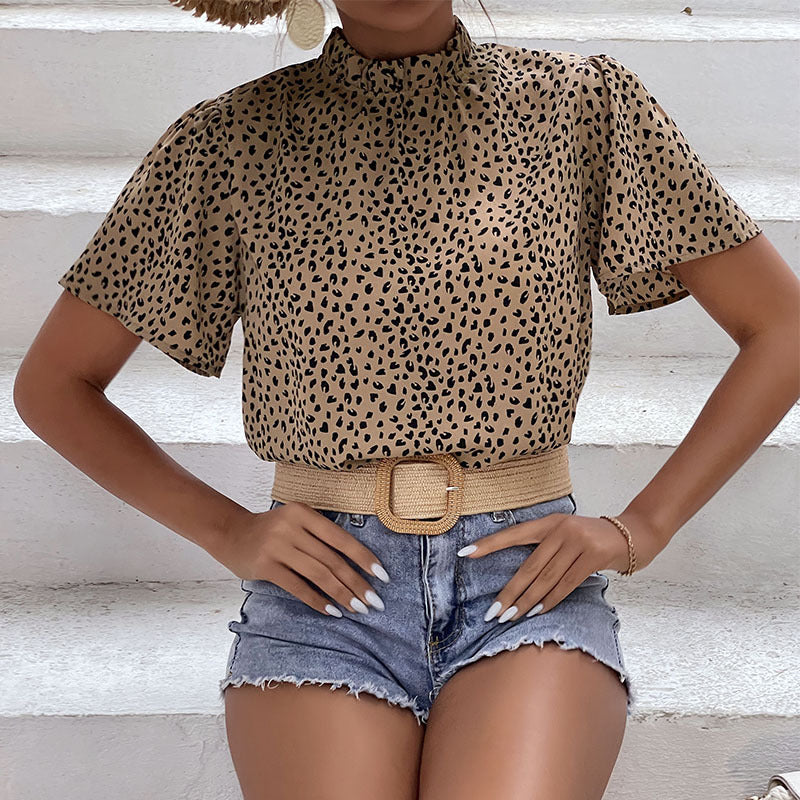 Women Elegant Short Sleeve Blouse with Leopard Print Mune Fashion