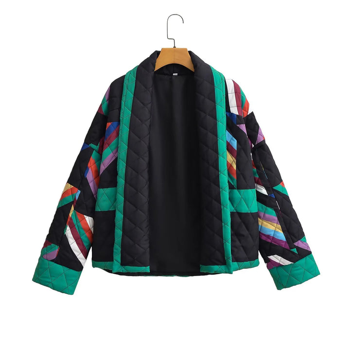Women's non-quilted kimono jacket with geometric patchwork and open front Mune Fashion