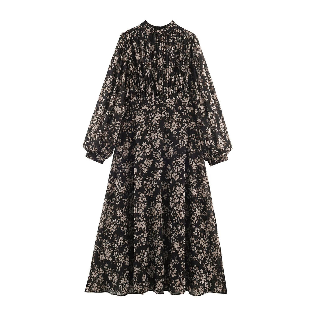 Women Floral Midi Dress with Pleated Top, Stand Collar and Balloon Sleeves Mune Fashion