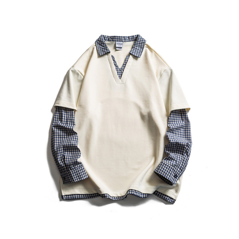 Men's layered look sweater with integrated check shirt collar and inserted shirt sleeves Mune Fashion