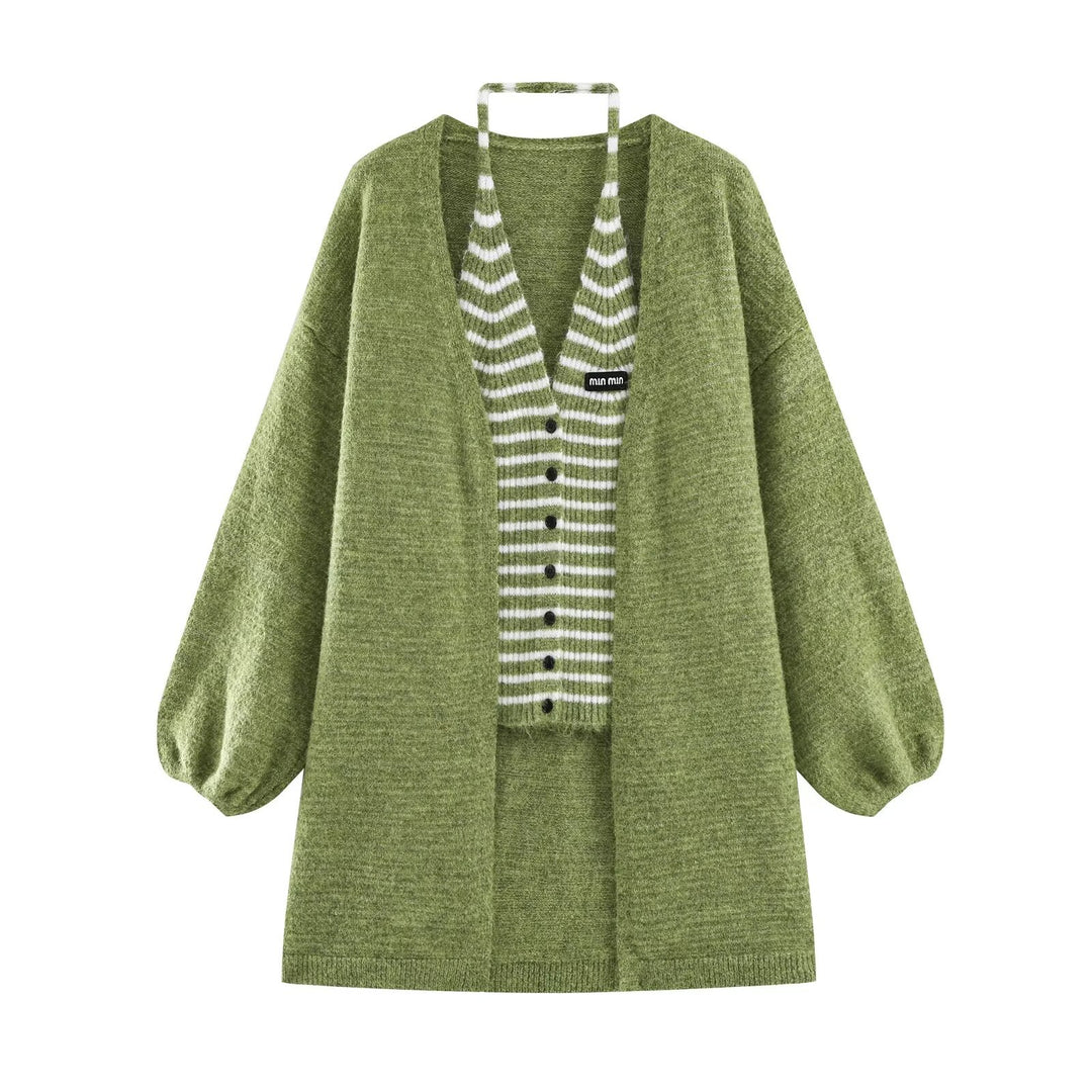 Women's Oversized Knit Cardigan with Balloon Sleeves and Striped Trim Button Placket Mune Fashion