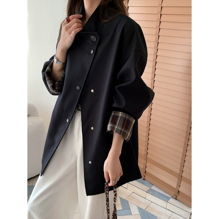 Women's Oversized Short Jacket with Snap Placket and Checked Sleeve Cuff Mune Fashion