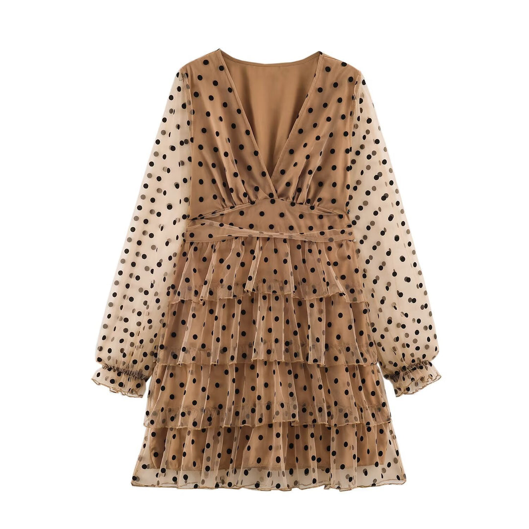 Women Dotted Tiered Tulle Dress with V-Neck and Transparent Balloon Sleeves Mune Fashion