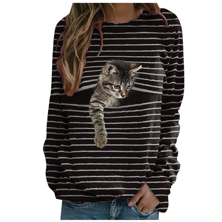 Women's casual striped sweater with photorealistic cat pocket and round neckline Mune Fashion