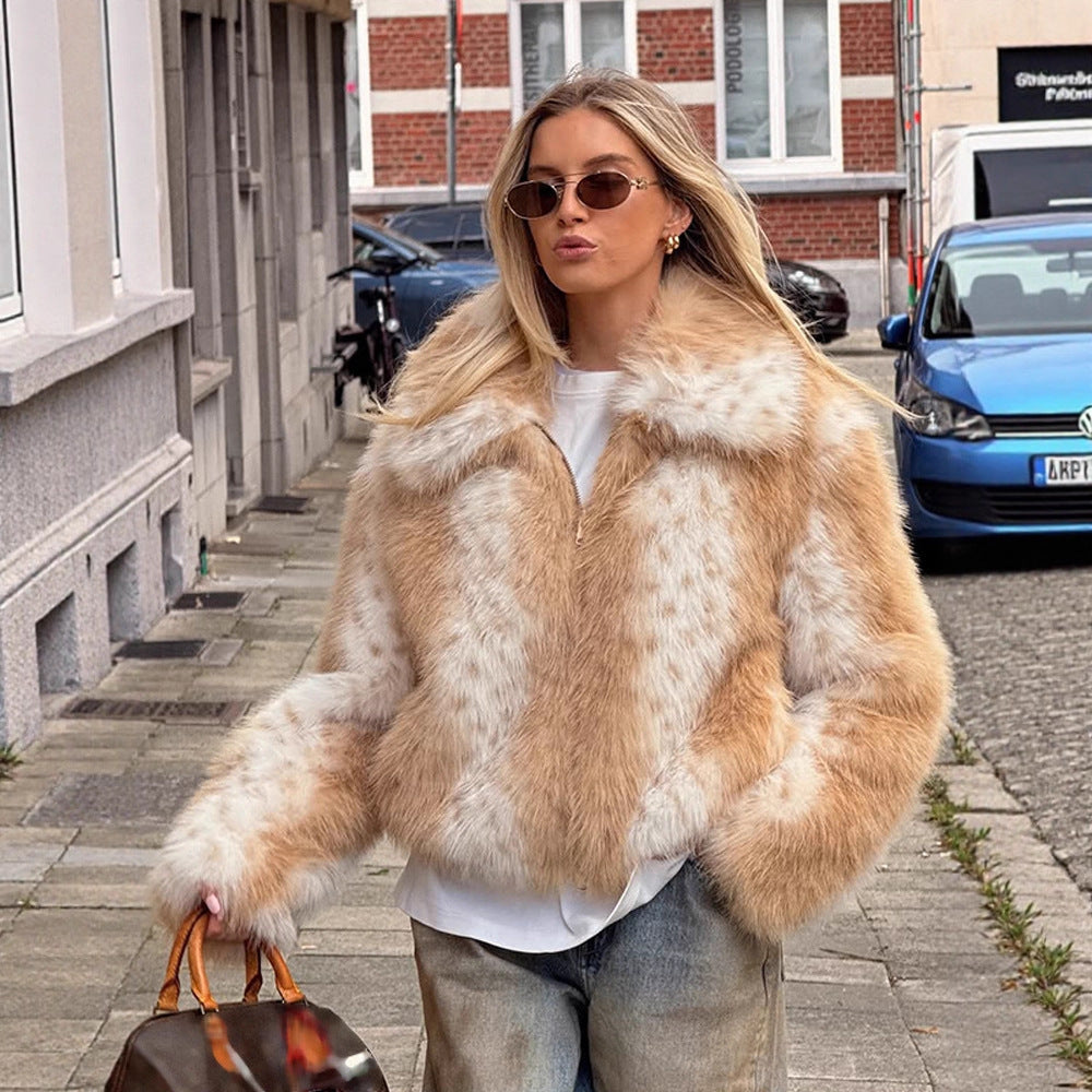 Women's Boxy Faux Fur Jacket with Two-Tone Shag Look and Notched Collar Mune Fashion