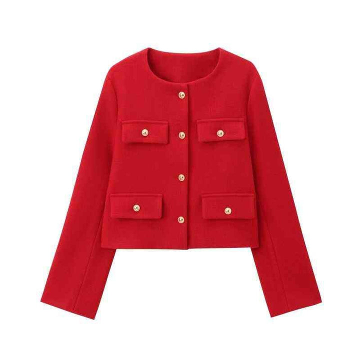 Women's short-cut Bouclé tweed jacket with round neckline decorative button details and attached flap pockets Mune Fashion