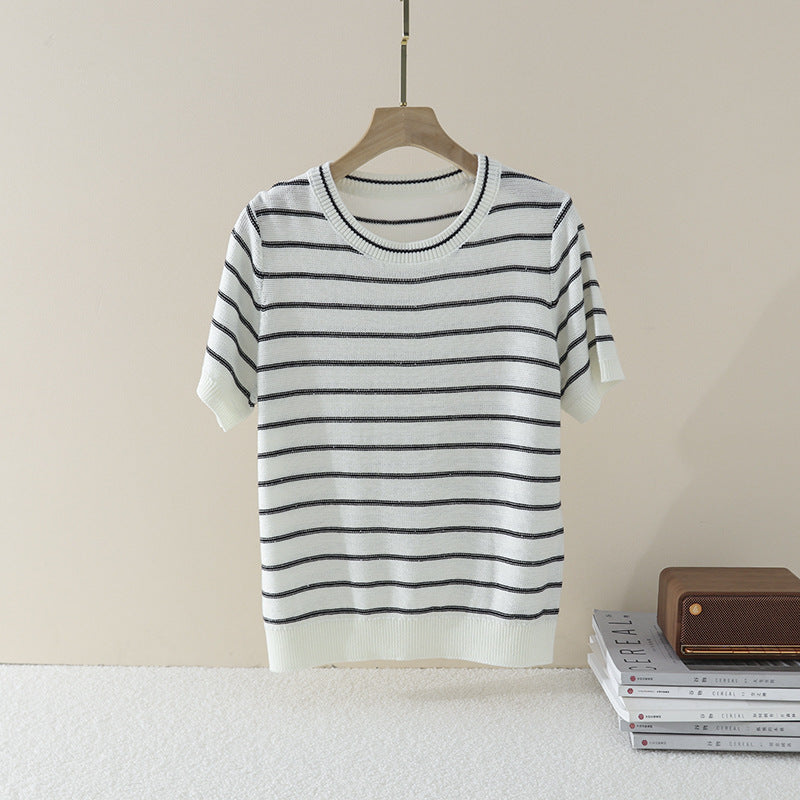 Women Short Sleeve Fine Knit Sweater with Maritime Stripes Mune Fashion