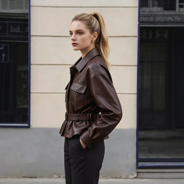 Ladies Fashion Leather Jacket with Belt Mune Fashion