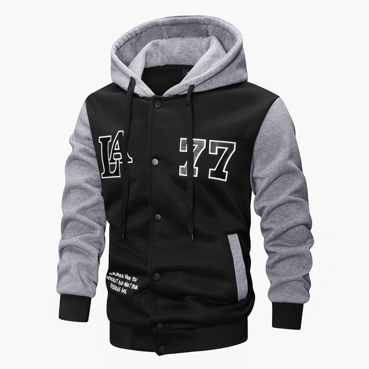Men's varsity hooded jacket in college look with print, snap button front and contrast sleeves Mune Fashion