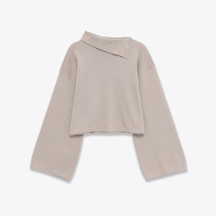 Women's oversized short cut sweater with asymmetrical high collar and wide kimono sleeves Mune Fashion