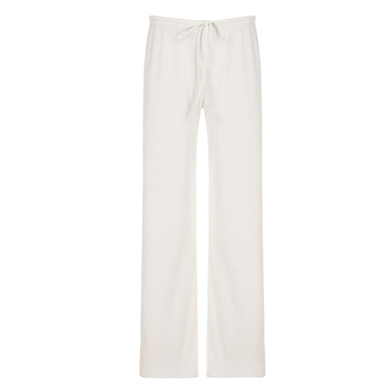 Women's casual lounge pants with wide leg, elastic drawstring waistband and fine ribbed knit Mune Fashion