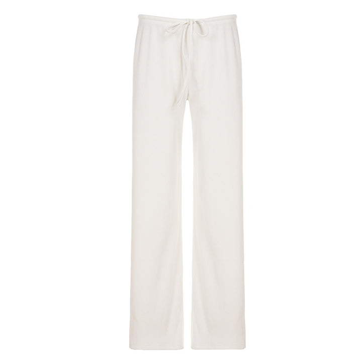 Women's casual lounge pants with wide leg, elastic drawstring waistband and fine ribbed knit Mune Fashion
