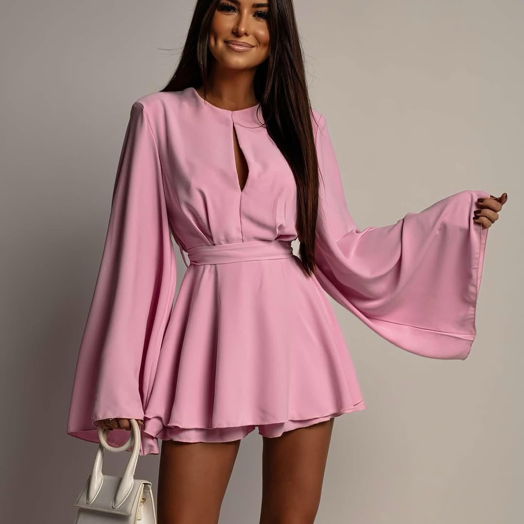 Women's Short Playsuit with Wide Kimono Sleeves and Waist Belt Mune Fashion