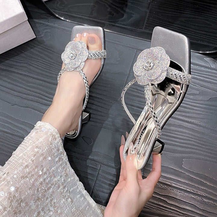 Ladies Elegant Rhinestone Sandal with Square Toe, Low Block Heel and Flower Applique Mune Fashion