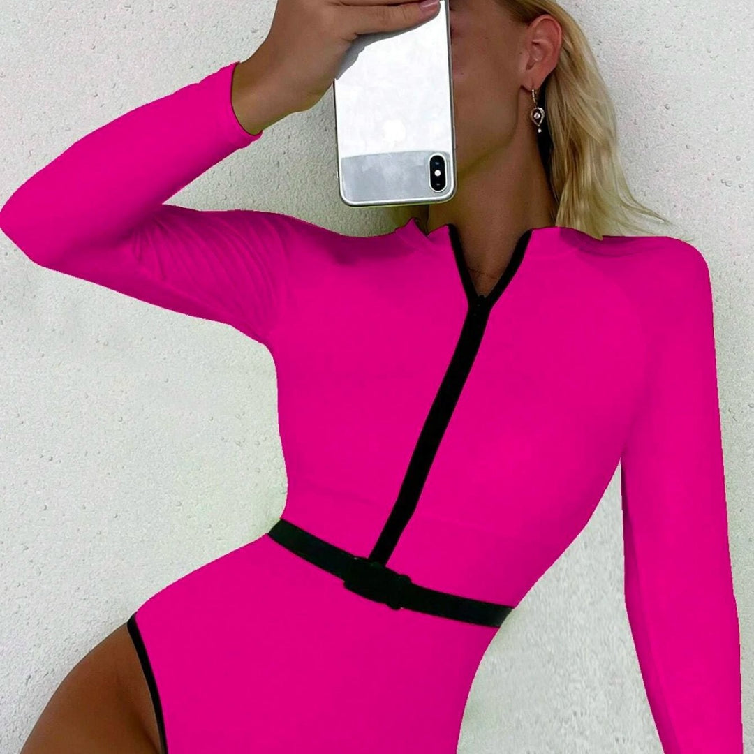Women's Sporty Long Sleeve Swimsuit with Zipper Mune Fashion