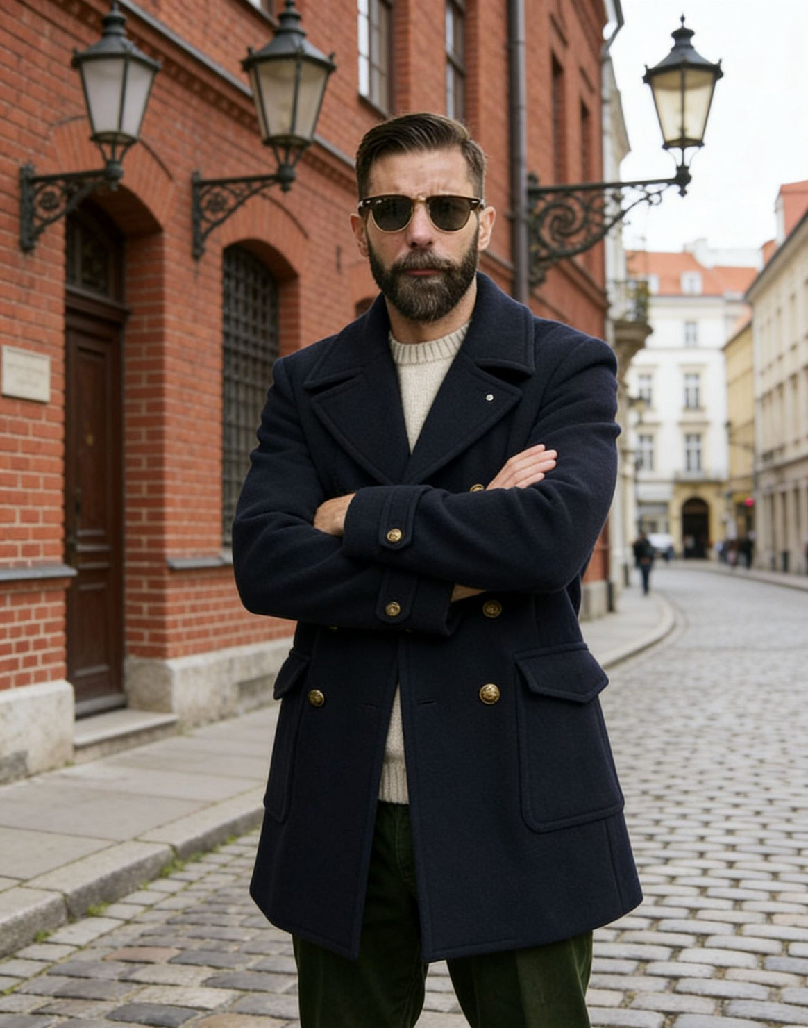 Men's Double-Breasted Wool Coat in Navy Style with Golden Buttons Mune Fashion