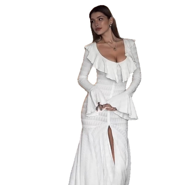 Women's Figure-Hugging Maxi Dress with Ruffle Neckline, Bell Sleeves, and Split Mune Fashion