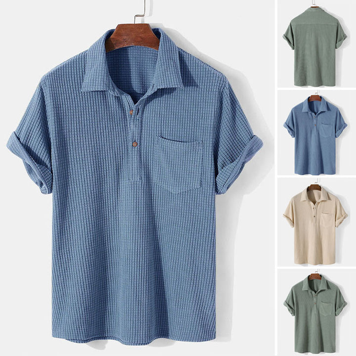 Men's waffle knit polo with shirt collar, short button placket and chest pocket Mune Fashion