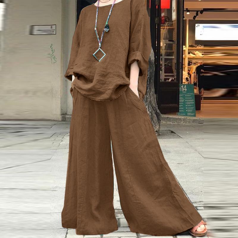 Women's Airy Linen Lounge Set with Boxy Tunic and Extra Wide Palazzo Pants Mune Fashion