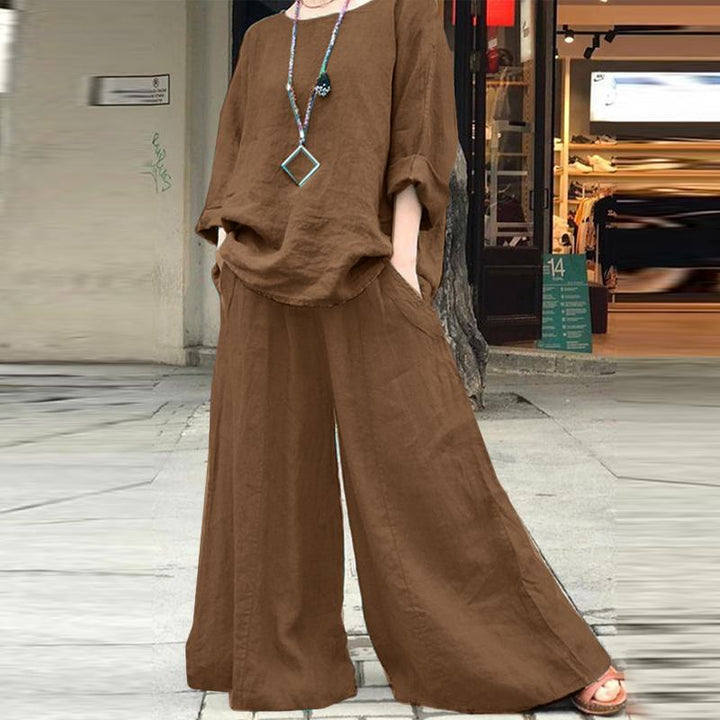 Women's Airy Linen Lounge Set with Boxy Tunic and Extra Wide Palazzo Pants Mune Fashion