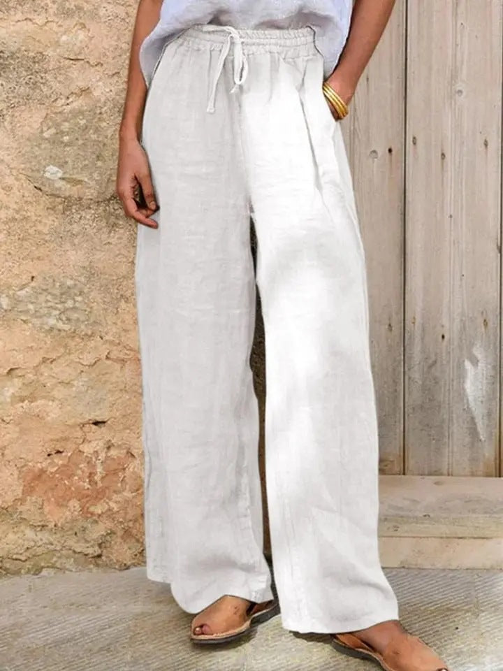 Women's High-Cut Linen Palazzo Pants with Drawstring and Wide Leg Mune Fashion