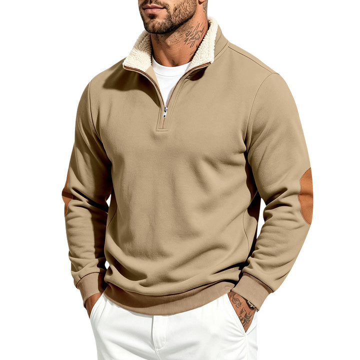 Men's Troyer Half-Zip Pullover with Teddy Fleece Lining, Faux Leather Elbow Patches and Stand-Up Collar Mune Fashion