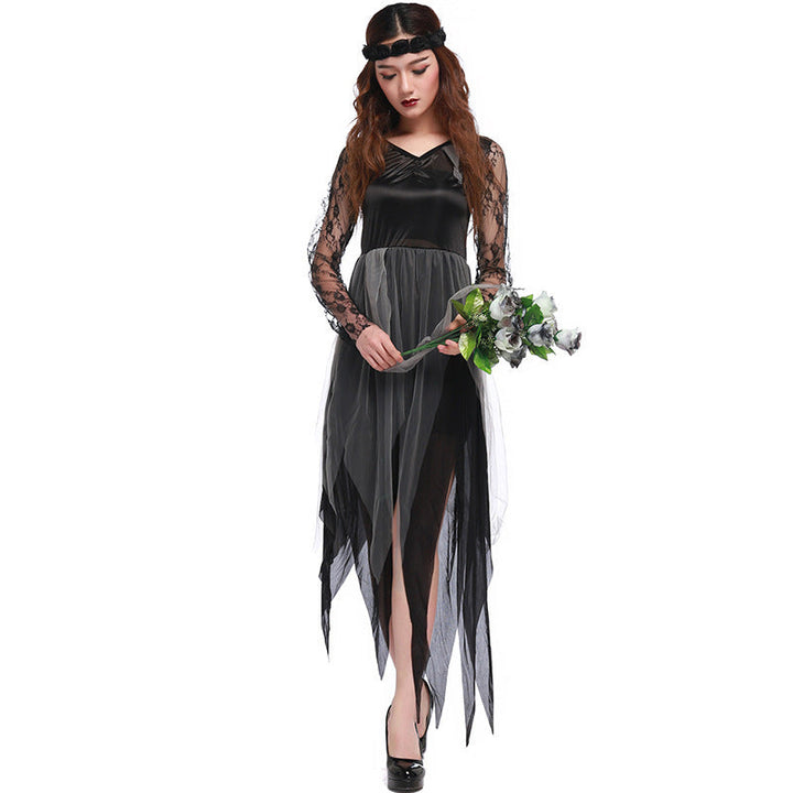 Ladies Gothic Costume with Transparent Lace Sleeves and Flared Skirt Mune Fashion