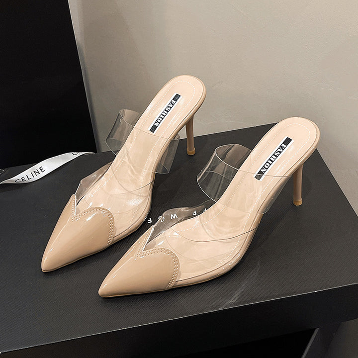 Women Elegant lace Mule pumps with transparent PVC straps and patent leather applications Mune Fashion