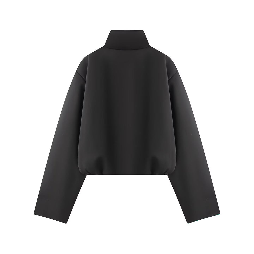 Women's Short Boxy Jacket with High Stand Collar, Full Zip and Oversized Sleeves Mune Fashion