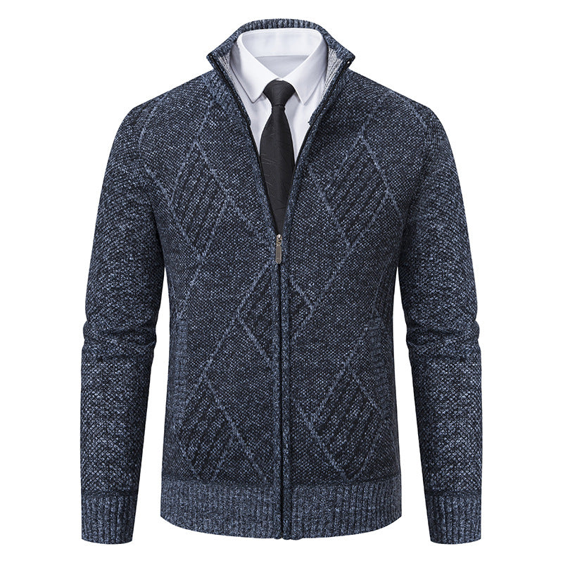Men's fine knit zip jacket with structured diamond pattern, stand-up collar and continuous zipper Mune Fashion