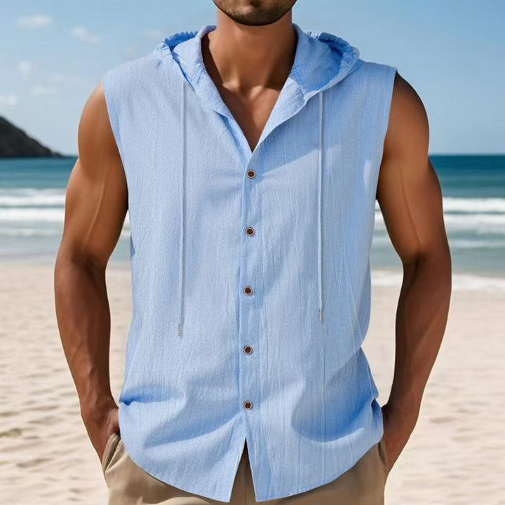 Men's sleeveless hooded shirt made of crepe-structured cotton blend with continuous button placket and drawstring Mune Fashion