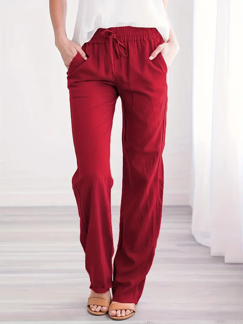 Women Light Linen Look Palazzo Pants with Elastic Waist, Drawstring and Side Pockets Mune Fashion