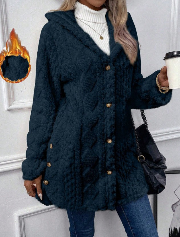 Women's hooded teddy coat with cable pattern, decorative buttons and warm fleece lining Mune Fashion