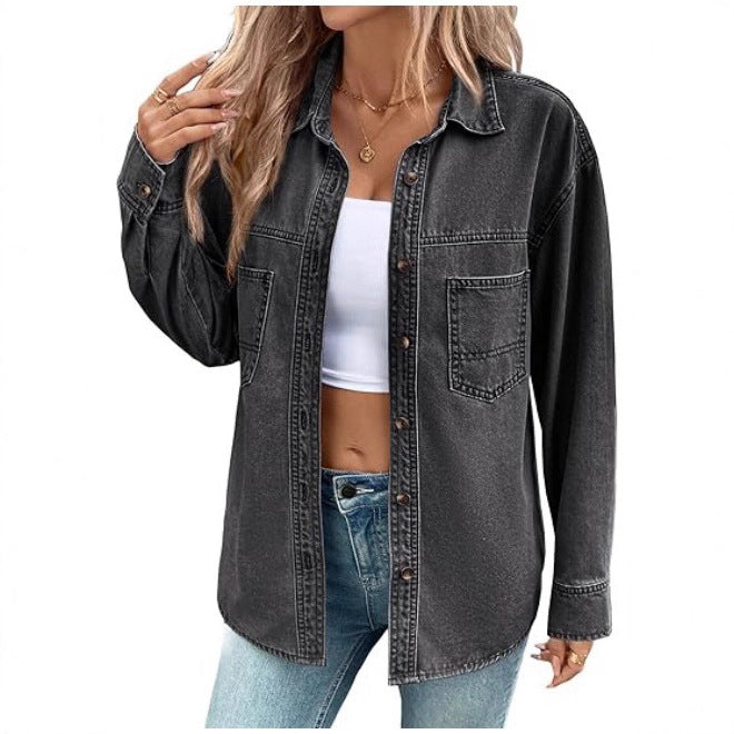 Women's Oversized Denim Shirt Jacket with Chest Pockets Mune Fashion