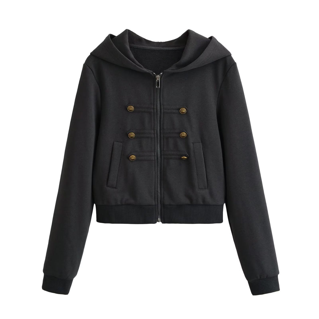 Women's Cropped Hoodie Blouson with decorative double row and concealed zipper