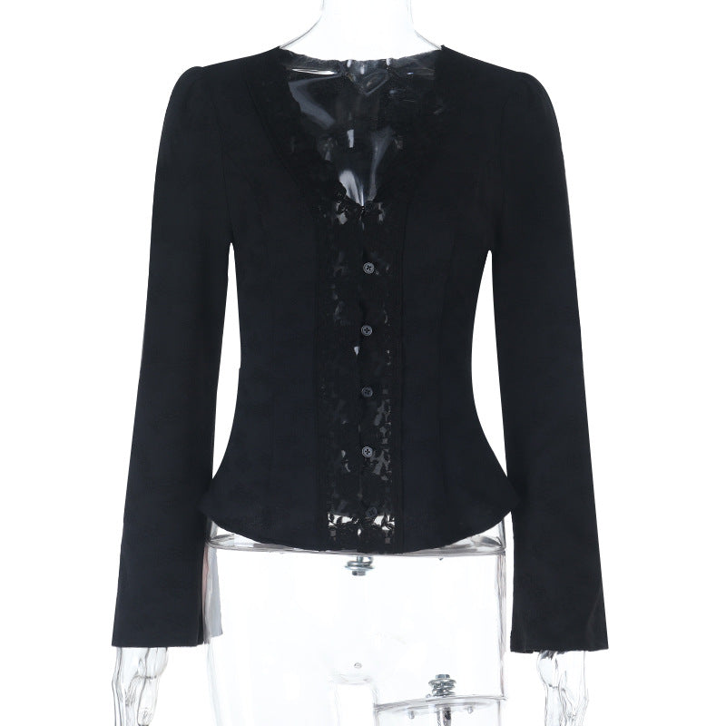 Women's Tailored Lace Blazer with Button Placket and Peplum Mune Fashion