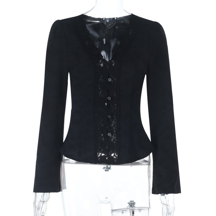 Women's Tailored Lace Blazer with Button Placket and Peplum Mune Fashion