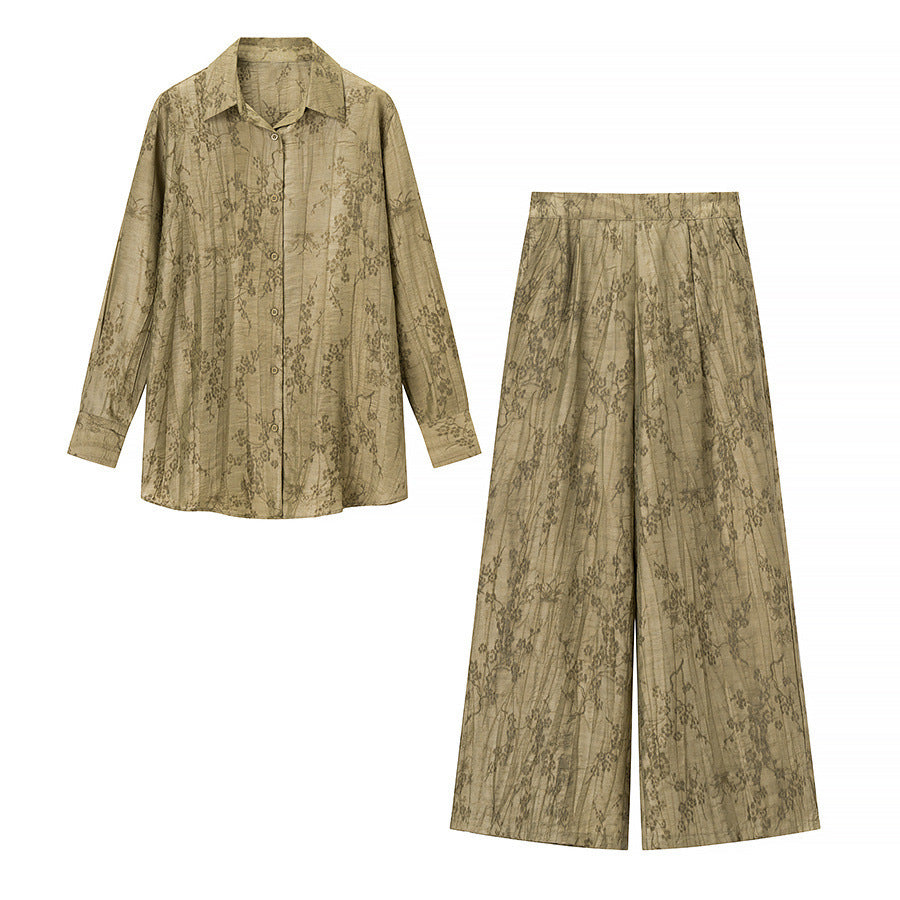 Women Two-Piece Jacquard Loungewear Set with Shirt Blouse and Wide Palazzo Pants Mune Fashion