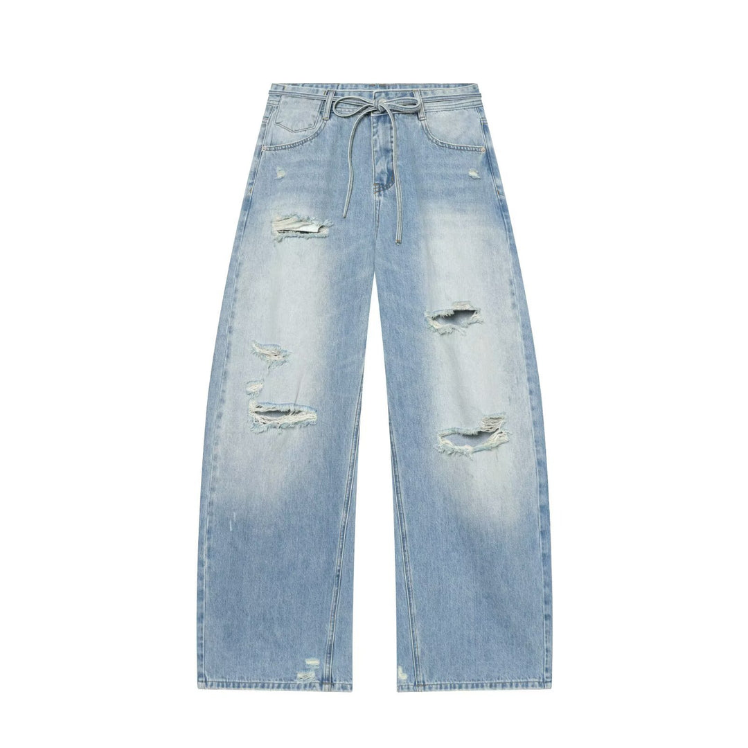 Women High-Cut Wide Denim Jeans with Destroyed Details and Drawstring Mune Fashion