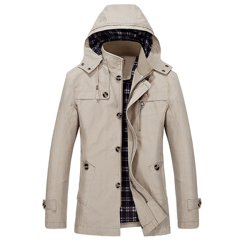 Men's water-repellent hooded field jacket with checked thermal lining, concealed zip placket, and functional pockets.