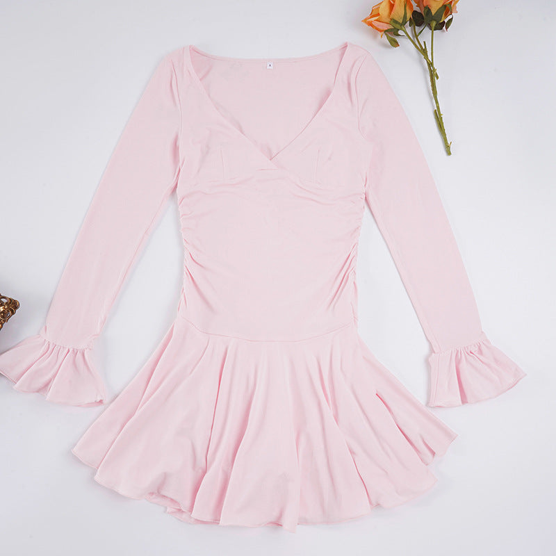 Women’s fitted V-neck skater dress with ruched waist and flutter sleeves Mune Fashion