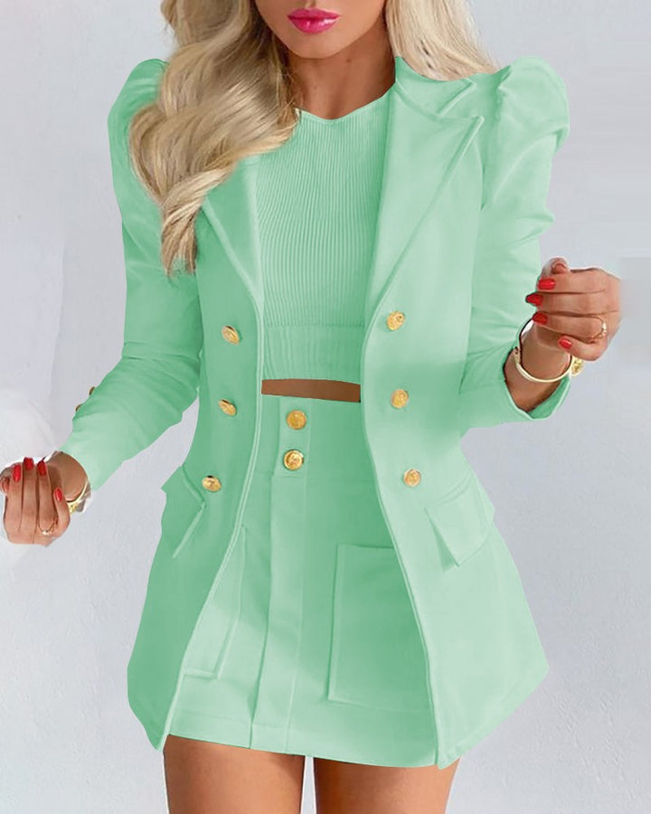 Women Two-piece checked blazer and mini skirt set with accentuated puff sleeves and gold buttons Mune Fashion